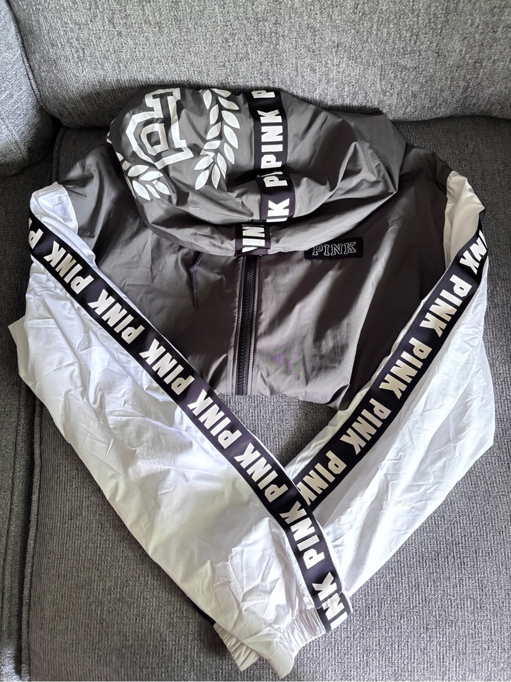 PINK Victoria's Secret Light Gray and White Hooded windbreaker Jacket